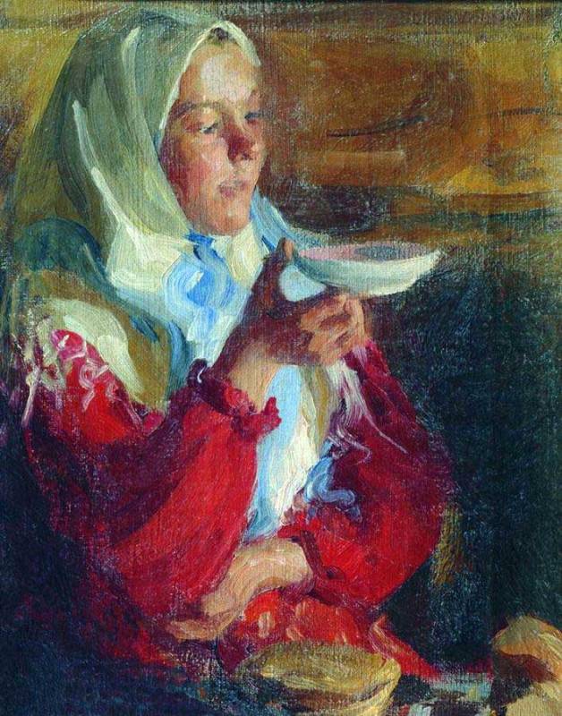 Картина Куликов И. Крестьянка за чаепитием