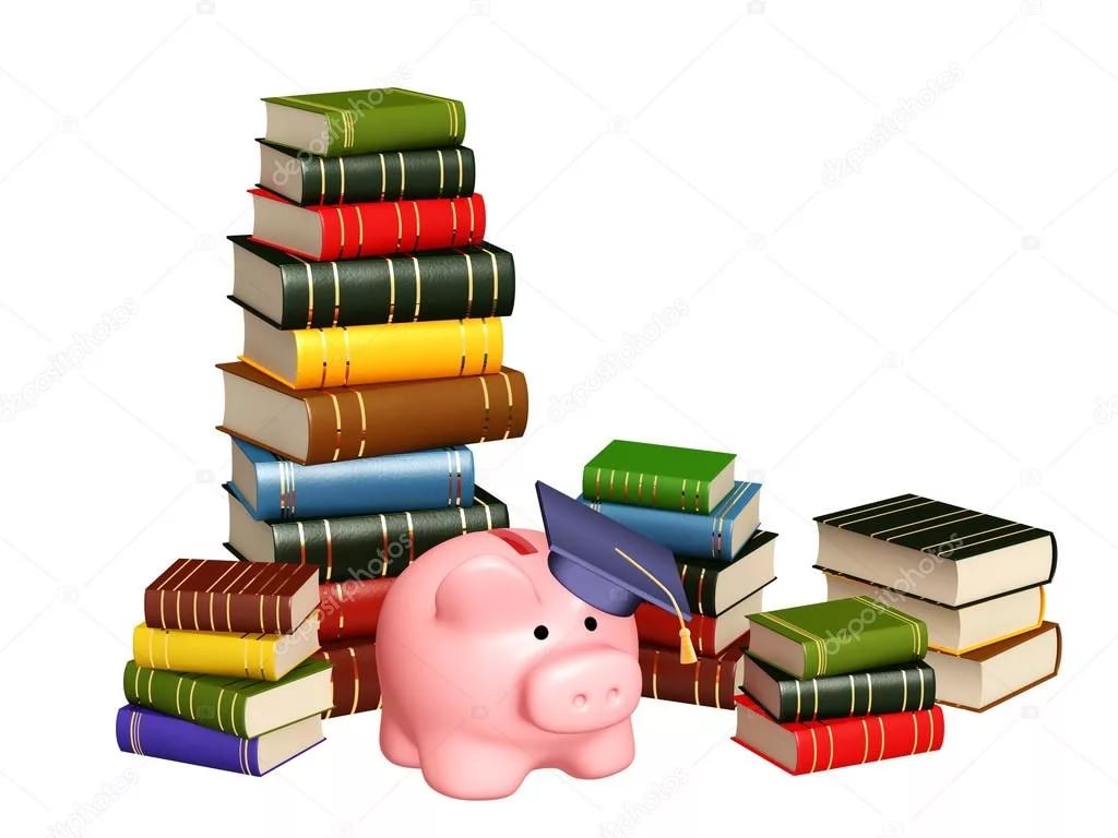стопки книг и денежная копилка в образе свинки 