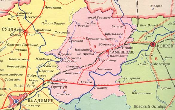 Карта Камешковского района. На севере расположен посёлок им. М. Горького