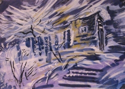 Зимний пейзаж с изображение деревенского дома, деревьев