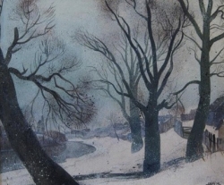 Зимний пейзаж с изображение деревьев, речки, деревенского забора