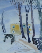 Зимний пейзаж с изображением деревьев и стеной дома