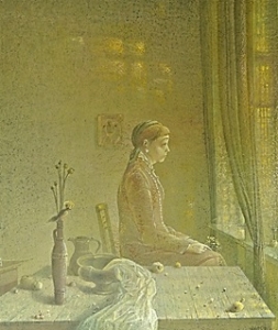Рождественский календарь 20181223. Изображена женщина, сидящая в комнате и смотрящая в окно