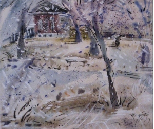 Рождественский календарь 20181129. На картине зимний пейзаж: деревенский домик, занесенный снегом