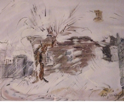 На картине зимний деревенский пейзаж с домом и деревом