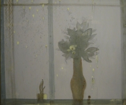 Изображена ваза с цветами на ночном окне