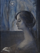 На фоне ночного окна изображен женский профиль