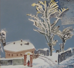 Рождественский календарь 20190104. Зимний городской пейзаж с изображением старого дома, забора, дерева и фигуры человека в проёме калитки