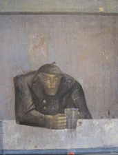 Изображен сидящий за столом старый человек и жержит в руке кружку пива, за правм плечом изображен ангел