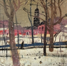 На картине изображен городской пейзаж с деревьями, на заднем плане фигура человека, дома и колокольня