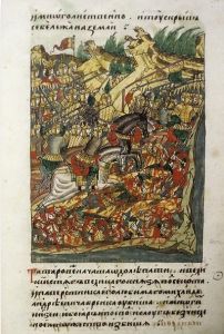 Донское побоище. Миниатюра с изображением Куликовской битвы из Лицевого свода. XV век