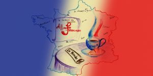 чашка на столе на фоне флага франции