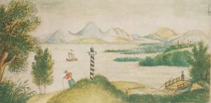 Детский рисунок М. Ю. Лермонтова "Кавказский пейзаж с озером"