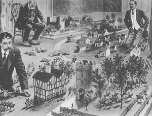 Литография, где Г. Уэллс, М. Горький и И. Бунин играют в солдатики