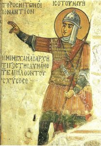 Иисус Навин в образе византийского воина в ламеллярном доспехе, шлеме и с копьем.