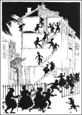 Рисунок Артура Рэкема, изображающий события первого подлинно детективного рассказа. Разрез здания, показывающий комнаты и переходы между этажами и фигуры людей в разных позах.