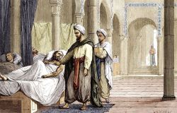 Арабская средневековая больница. Врач и помощник осматривают пациентов.