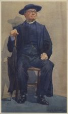 Иллюстрация с изображением отца Брауна - сидящий на стуле пожилой священник англиканской церкви в шляпе и с зонтиком