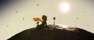 Маленький принц лежит на планете, а рядом растет роза.