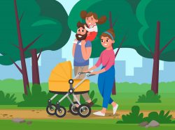 Семья гуляет в парке с детьми
