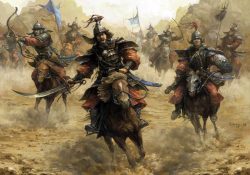 Монгольские воины: всадники с оружием в атаке.