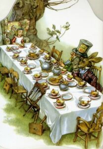 Безумное чаепитие. За столом сидят Алиса, Мартовский заяц, Сурок и Шляпник.