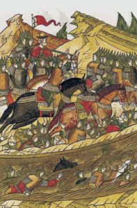 Лицевая хроника. Битва на реке Воже. Изображение воинов в шлемах и кольчугах во время битвы.