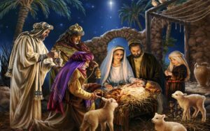 Мария, Иосиф, младенец Христос в яслях и мудрецы