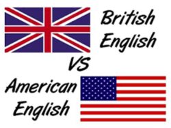 Флаг Великобритании в левом верхнем углу и надпись британский английский рядом, флаг США в правом нижнем углу и надпись американский английский рядом