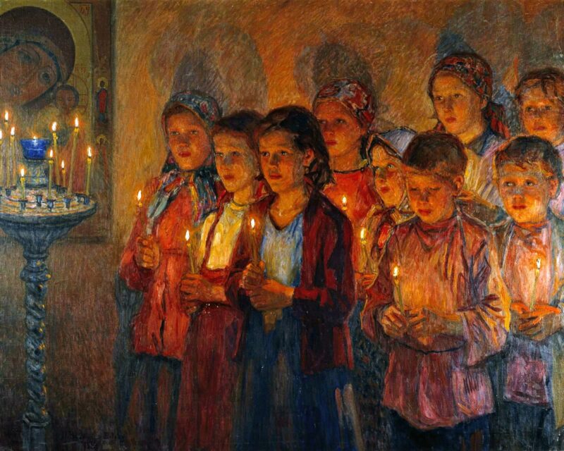 Картина Богданова-Бельского В церкви. Холст, масло. 1939 год.