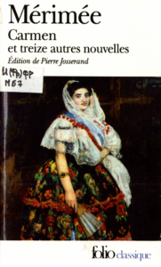 Обложка книги Проспера Мериме с портретом Цыганки в цветастом платье с веером в руке