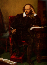 английский поэт Уильям Шекспир, сидящий за столом с пером в руке