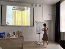 Лектор пишет на доске латинские фразы
