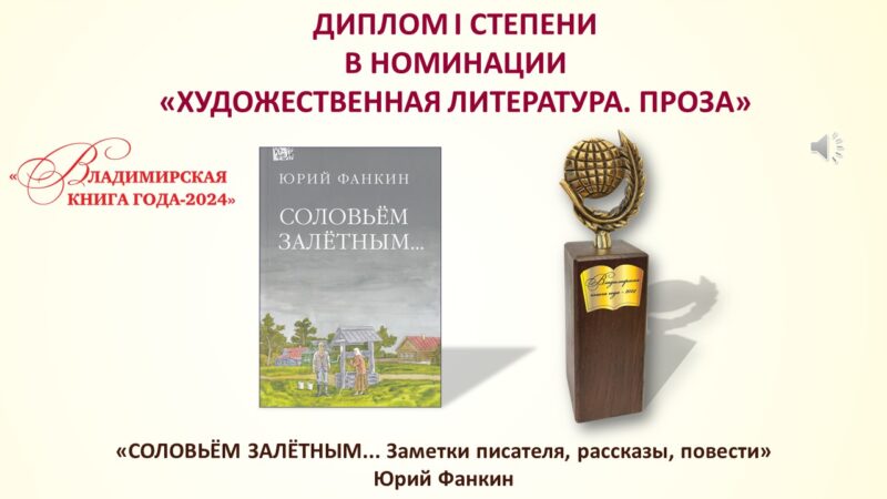 Победители и номинанты «Владимирской книги года-24». Дипломом 1 степени награждается книга
«Соловьём залётным...»
Заметки писателя, рассказы, повести
Автор Юрий Александрович Фанкин