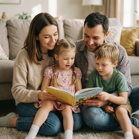 Семья - родители и двое детей читают книгу